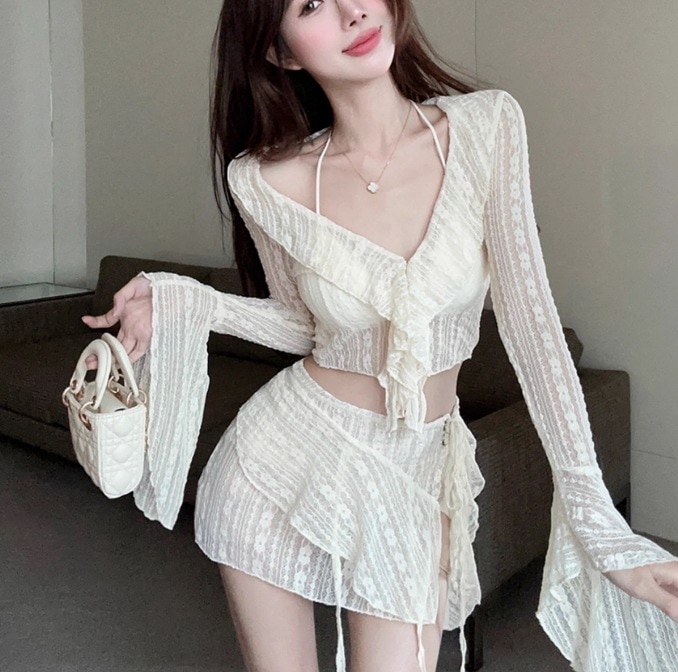 水着 ビキニ スイムウェア レディース 紐 体型カバー 三角ビキニ パッド付き 二の腕カバー ハイレグ 長袖 リボン レース シフォン ハイウエスト 伸縮性 メッシュ 上下セット かわいい 大人可愛い