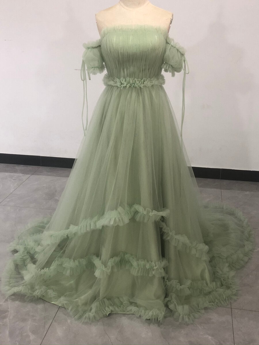 パーティードレス 姫袖 ベアトップ グリーン 花嫁 拳式 二次会 ソフトチュール アシメドレス 背中見せ