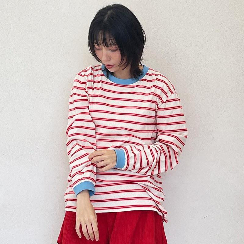 ストライプ柄のビスケットカラー 長袖Tシャツ (レッド) 5,022円