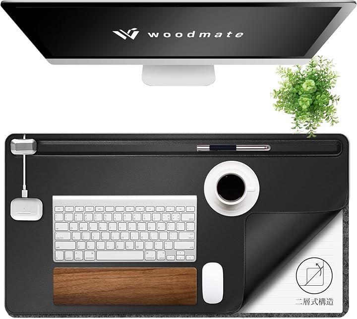 空間を調和する多機能デスクマット 空間デザイナー監修 ヴィーガンレザー 2層構造 マグネットケーブルホルダー ツールバー デスクパッド(ブラック)