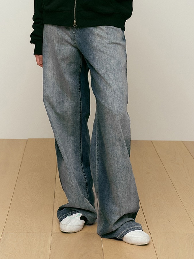 CHERRY COLOR SANDING WIDE-FIT DENIM PANTS [BLUE]