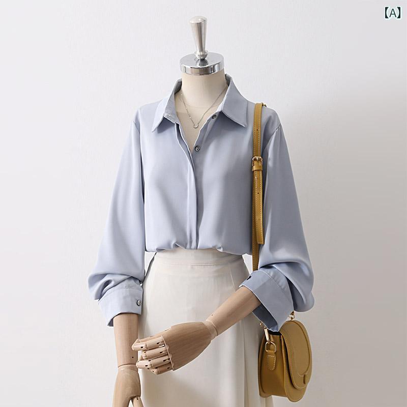 レディース トップス ブラウス 秋 通勤 オフィス ドレープ ブルー シフォンシャツ 上品 クラシック フォーマルスタイル 長袖 OL