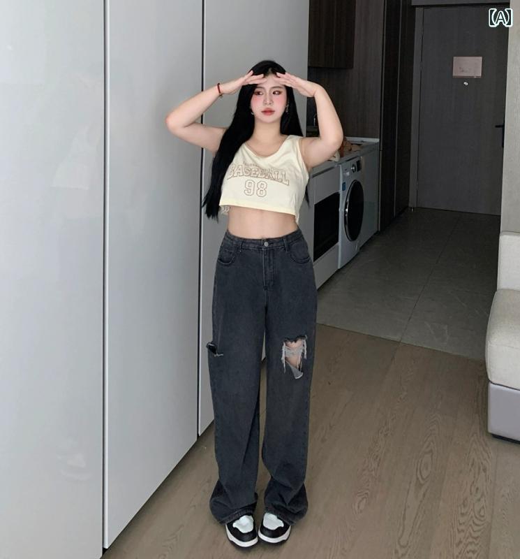 デニムパンツ レディース ダメージ ジーンズ クラッシュ ボトムス 大きいサイズ 秋 ストレート ハイウエスト カジュアル 韓国 グレー 5,019円