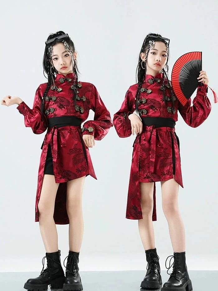 今月上新キッズ 子供用 ダンス 衣装 セットアップ(トップス+パンツ+手袋) ヒップホップ ジャズ ダンス衣装 レッド チャイナ風 ダンス衣装 女の子 おしゃれ ダンス 服 発表会 HIPHOP ジュ