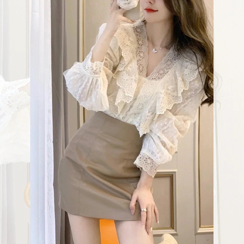 春新品シャツトップスパフスリーブレースシフォンシャツシンプル韓国ファッション可愛い フリル長袖 レディースゆったり