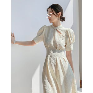 立体浮彫復古改良白チャイナドレスワンピース女性22夏新型チャイナドレス襟長款腰スカート