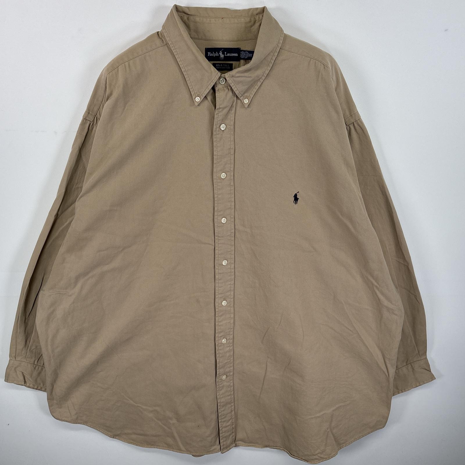 古着 長袖シャツ 肉厚 ワンポイント ロゴ 刺繍 ボタンダウンシャツ 3X ベージュ 無地 メンズ