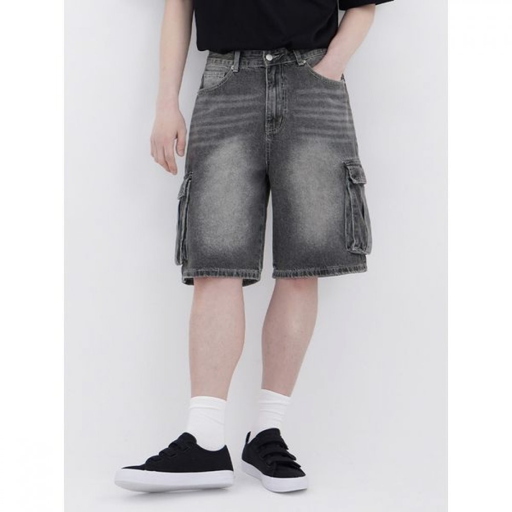 [Jean Mania] ユニセックスシティルーズフィットカーゴ 5パートデニムブラックショーツ