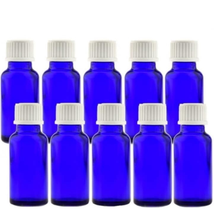 遮光瓶 20ml（ブルー） 100本セット 白キャップ＆ヴァーティカルドロッパー / 遮光ビン ガラス瓶 薬瓶 保存 アロマオイル エッセンシャルオイル 精油 キャリアオイル 香水 手作り コスメ ハ