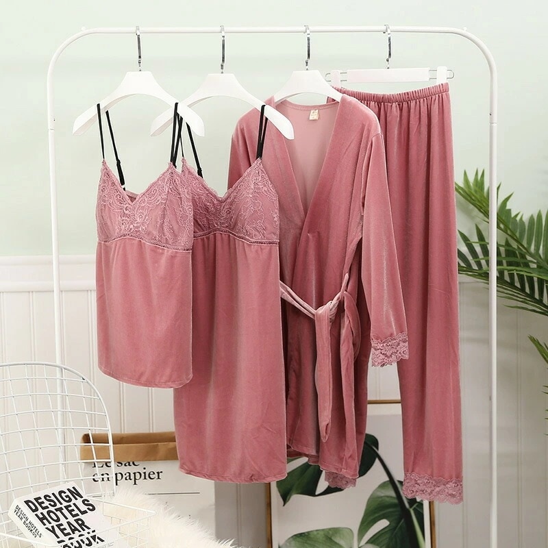 短纳期【4点セット】パジャマ 全5カラー レディース ベロアー生地 春秋 長袖 アイマスク 前開き 上品 かわいい ルームウェア ヘアリング お揃い レース 上下セットアップ パジャマ 婦人 部屋