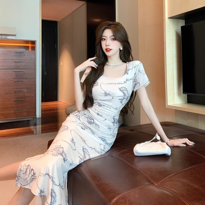 ドレス ドレスワンピース パーティー 結婚式 二次会 披露宴 ステージ フォーマル キャバ ラウンジ クラブ ミドル丈 袖なし ノースリーブ スクエアネック 襟なし マーメイド スリット ファスナー