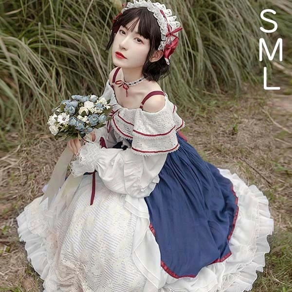 大ヒット中 ロリータ 森ガール ワンピース Aライン Lolita 2way オフショルダー 長袖 レース フリル 半袖 萌え萌え 可愛い プリンセス お姫様 プレゼント ミモレ丈 レディース ロココ