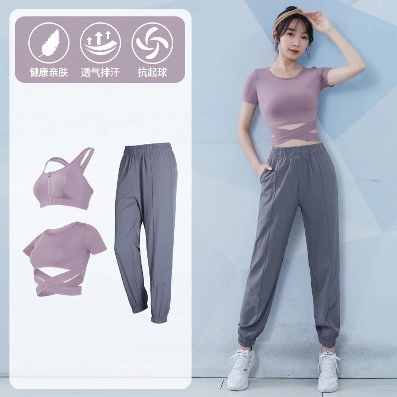 3点セットヨガウェアセット女性用ヨガウェア夏のファッション気質スポーツウェア高級タイトフィットトレーニングスウェットシャツモーニングランニングジムウェアセットスポーツウェア