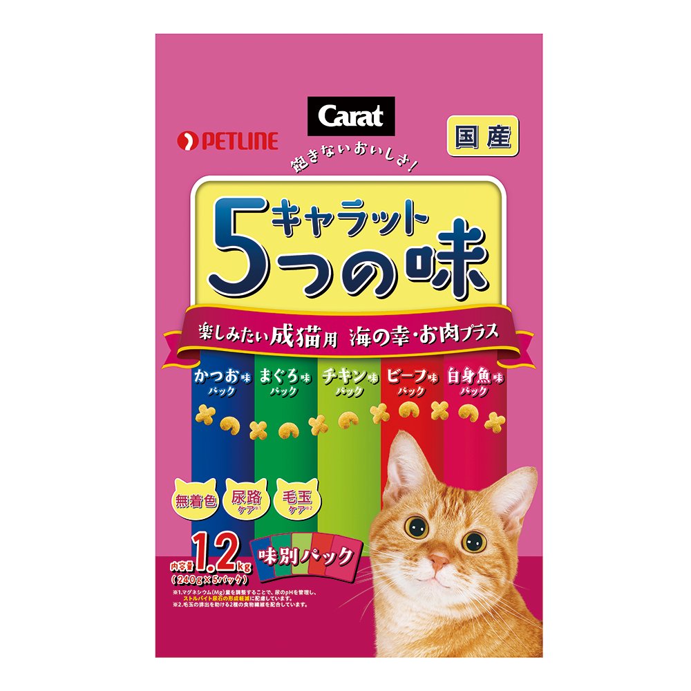 キャットフード　ペットライン　キャラット５つの味　海の幸　お肉プラス　１．２ｋｇX６袋　ＣＲＣ35―15―72―50―00