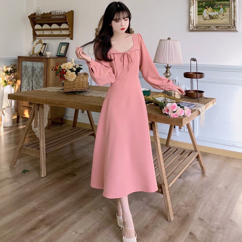 ワンピース ワンピドレス ミモレ丈 袖あり ボリューム袖 スクエアネック スリム Aライン リボン ハイウエスト かわいい 大人可愛い きれいめ 上品 おしゃれ 大人女子 ラブリー キュート 5,443円