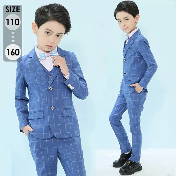 キッズスーツ チェク柄 子供スーツ 4点セット フォーマル 七五三スーツ 入学式 入園式 卒業式 発表会 演奏会 青