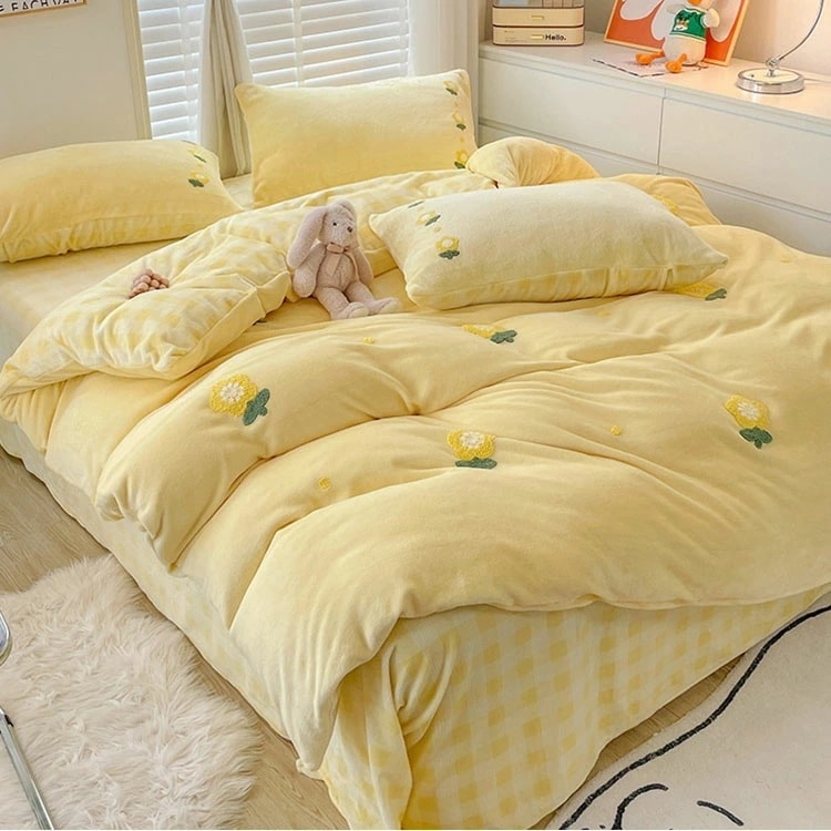 全6色 布団カバーセット 花柄 可愛い 女の子 男の子 冬 寝具カバーセット 4点セット ダブル イエロー 白 グリーン ピンク ブルー パープル ベッド用品 掛け布団カバー 敷きカバー プレゼント