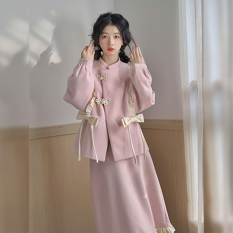 【2枚購入で 2oo円OFF】ピンクの減齢ファッションスーツ女性改良新中国式リボンコートハーフスカート2点セット