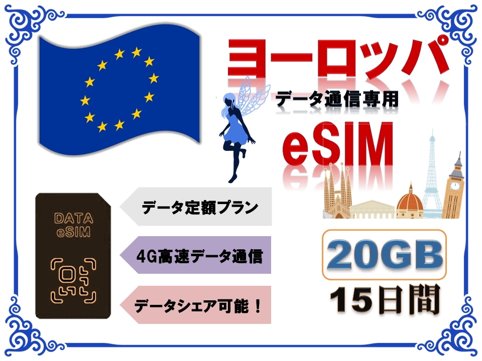 ヨーロッパ35ヶ国eSIM 海外eSIM SIMカード データ容量20GB 4G/LTE データ通信のみ可能 プリペイドeSIM ヨーロッパ35ヶ国旅行ヨーロッパ35ヶ国出張