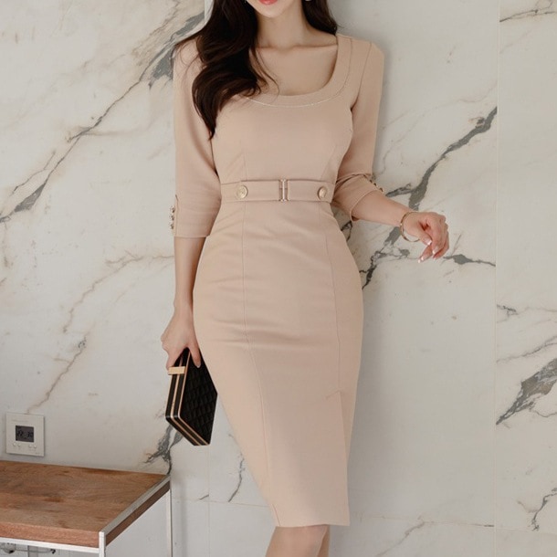 ウエストマーク スリット入り タイト ワンピース Uネック ベルト付 袖あり 長袖 セクシー タイトフィット ワンピ 膝丈 エレガント 上品 清楚 レトロ かわいい ボディコン 大人可愛い おしゃれ