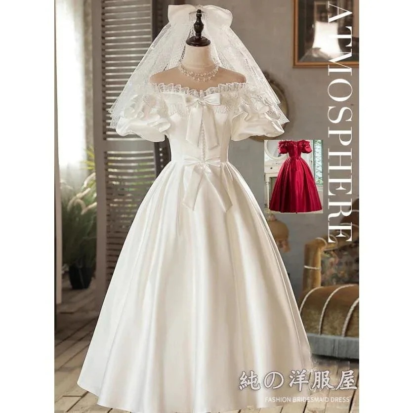 【短納期】超低価 格繊細で美しい 上質なレース 半袖 パフスリーブ パーティードレス 可愛い ヴィンテージ調 レトロ ウェディングドレス ミモレ丈 ウエディングドレス ミニドレス