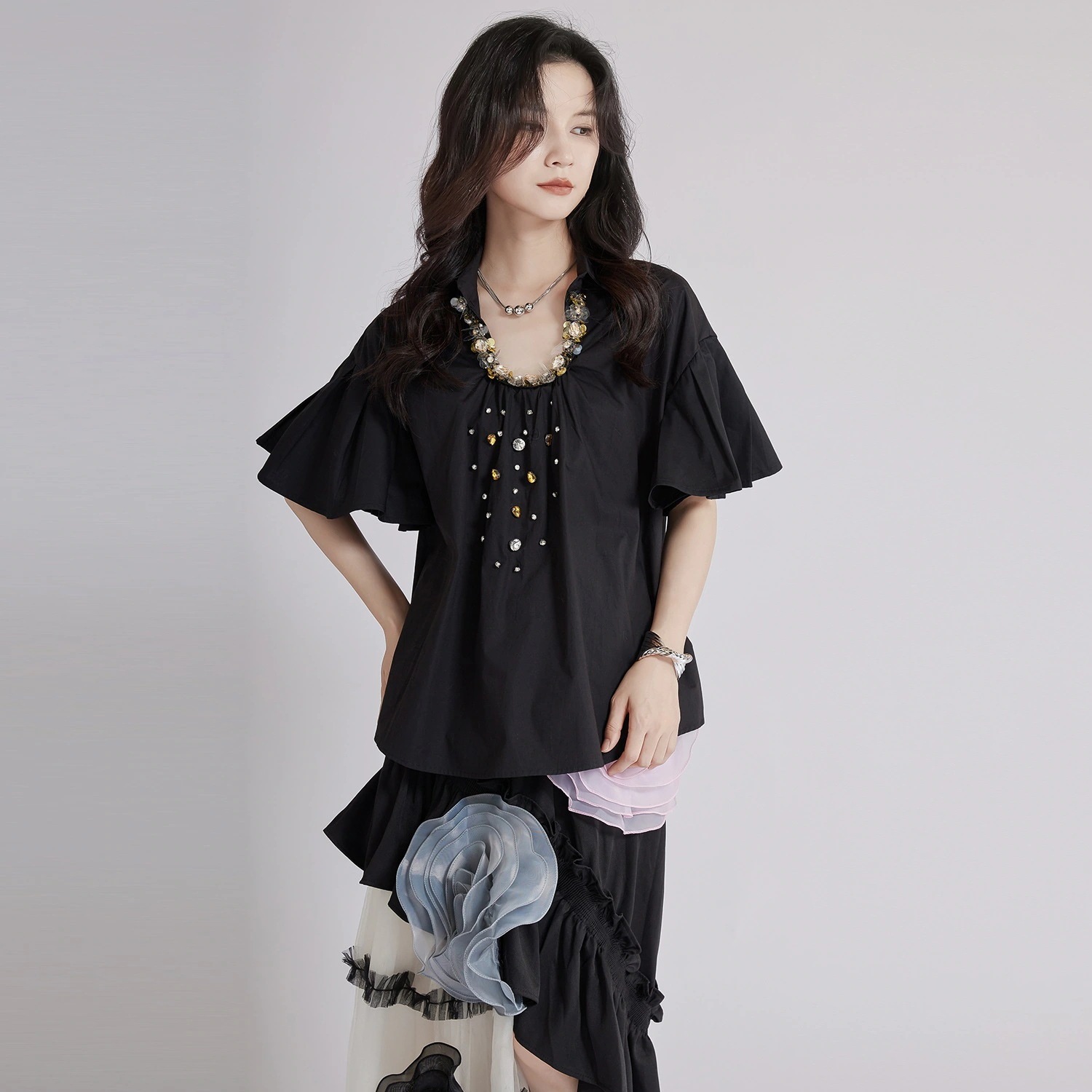 韓国新作フランス風長袖ブラウス 通勤百掛け 半袖シャツ 大きいサイズ 着痩せトップス スカート