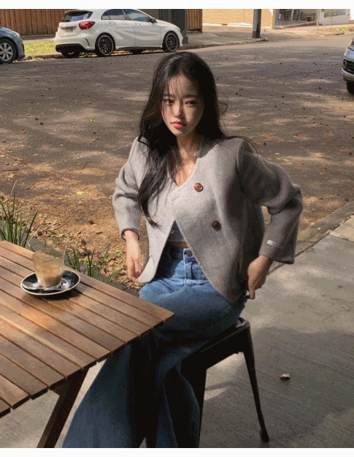 [*ハンドメイド/ウール78%] ソフトなツーボタン ノーカラー ウール/ウール クロップ 秋 コート ジャケット-2col