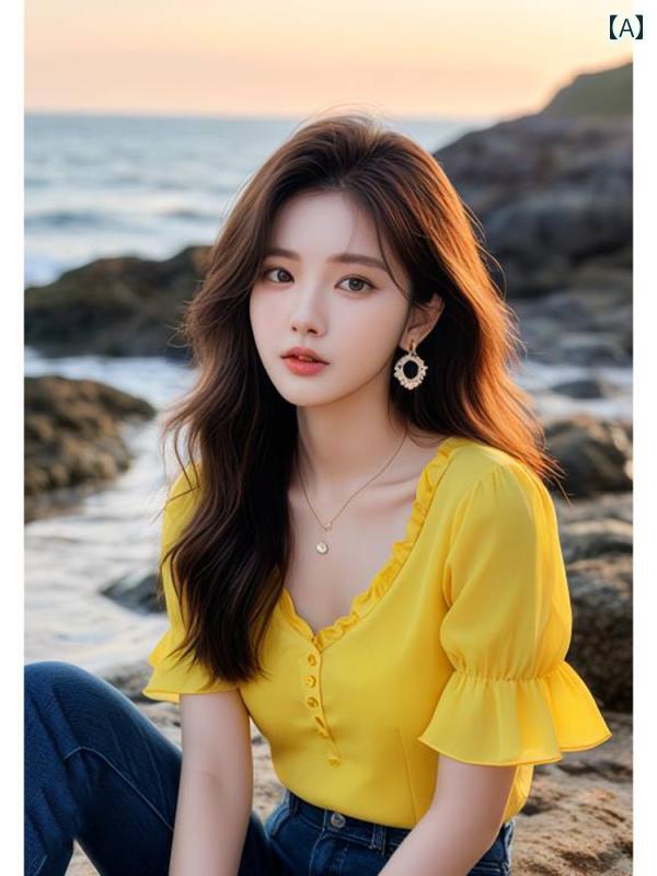 レディース ファッション 黄 フリル Vネック シフォン 半袖 シャツ 夏 フレンチ シャツ トップススス