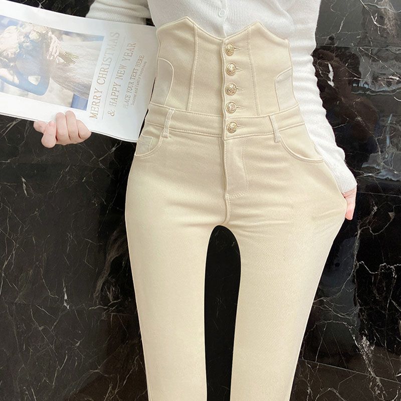 【今季トレンド】スラックスパンツ ホワイト スキニーパンツ 超ハイウエスト デニム レギンス 女 着痩せ 韓 ハイウエスト 百掛け