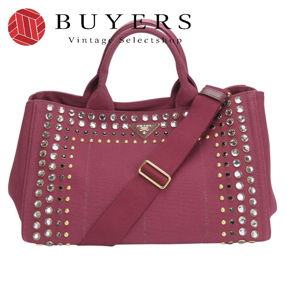中古 トートバッグ カナパ B2642O スタッズ キャンバス アマラント ワインレッド系 ゴールド金具 2WAY 斜め掛け 肩掛け ショルダー ビジュー レディース 女性 52,800円