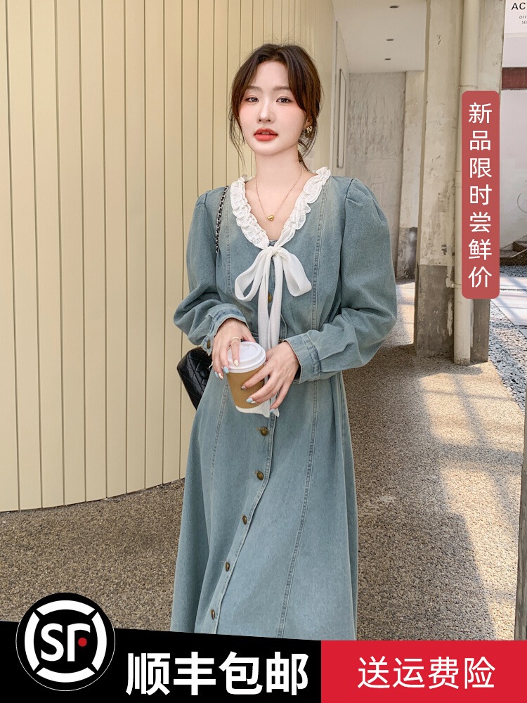 女性のためのレトロなvネックデニムドレス2024秋の気質スリムスリムaラインスカート