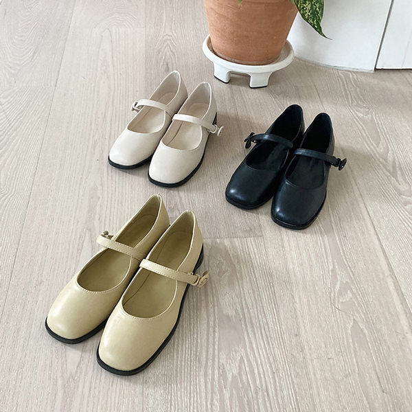 パンプス バレエシューズ フロントストラップ スクエアトゥ 黒 黄色 ブラック イエロー アイボリー