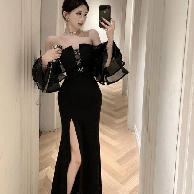 ワンピース フレアスリーブ ハイレグロングスカート ロングタイプ 2026 セクシー 同窓会ドレス 新作パーティードレス スーツお呼ばれドレス