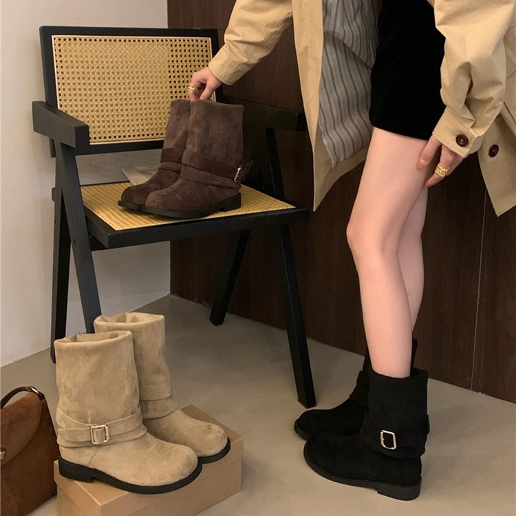鋭いヒールウエスタンカウボーイブーツレディース2024秋と冬の新しいツーウェアパイルブーツレトロベルトバックルショートブーツ女性
