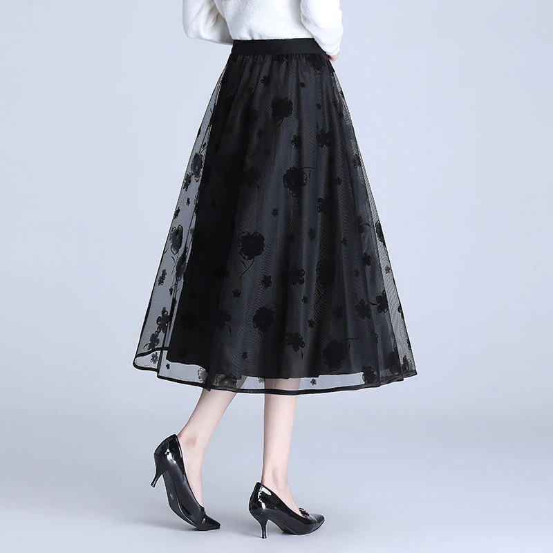 通勤大きいサイズ ネット糸の両面着用春夏の新型痩せたプリーツスカートは中ロングスカート大きいサイズAラインスカート