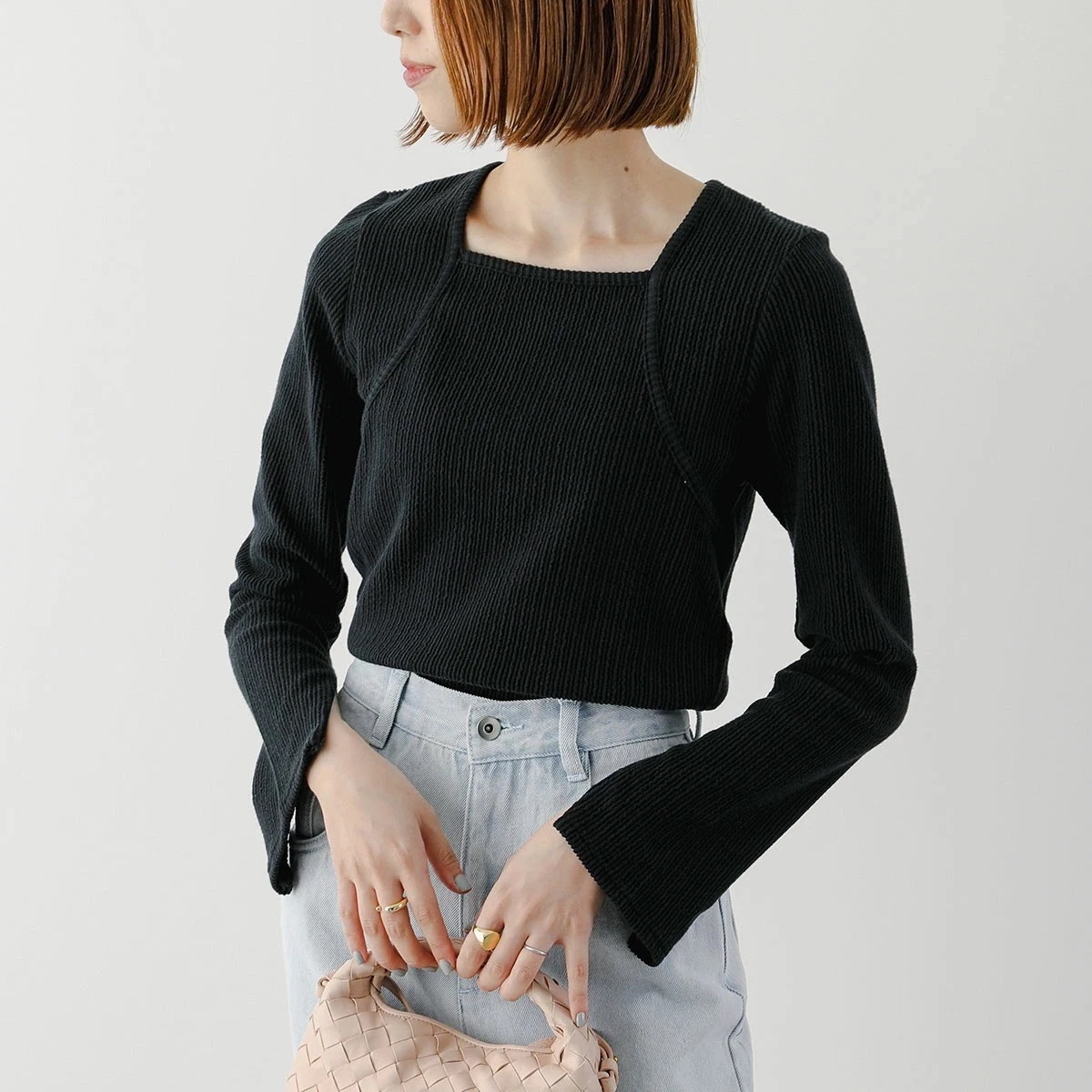 UN-SOPHIE アンソフィー カットソー Frill stripe square neck tops UNG2408202 レディース スクエアネック リブ 長袖 BLACK