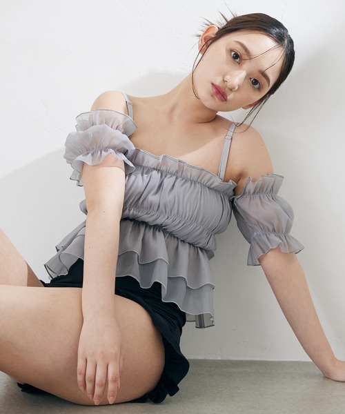 水着 「2025新作」「swimwear/体型カバー」チュールフレアビキニ オフショルダートップス・パンツ 2点セット レディース