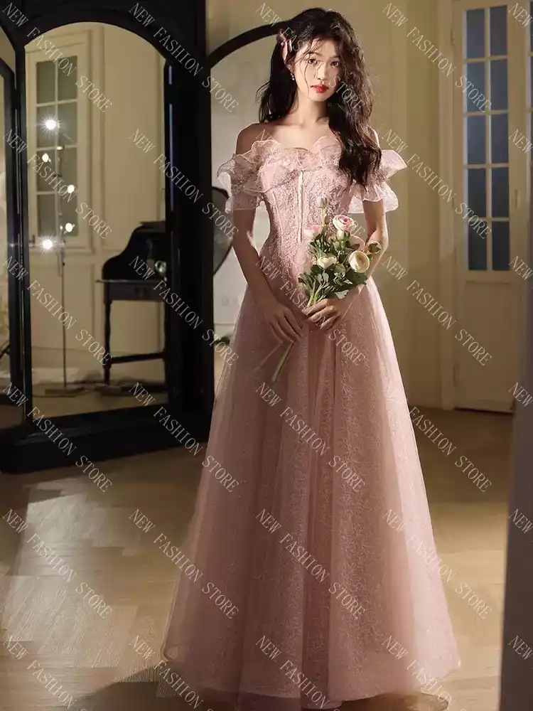 イブニングドレスレディース新型高級感ワンワード肩芸考学生の日成人式プリンセススカート-80