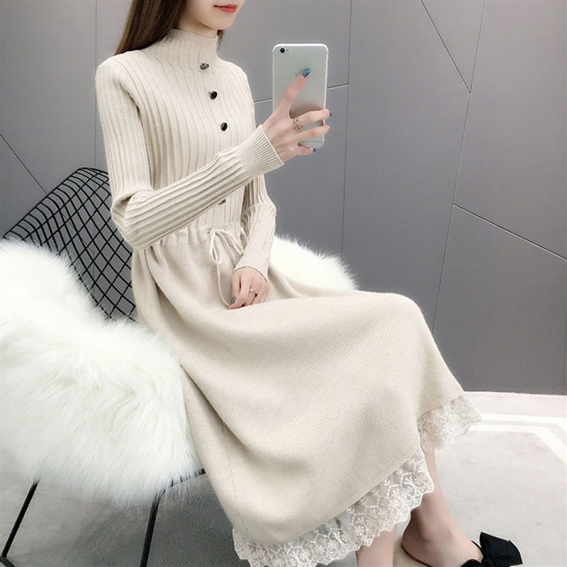 【1つ買うと10つ無料】ニットドレス女性2025秋と冬のスリミングレディーセーター長袖ボトムスカート