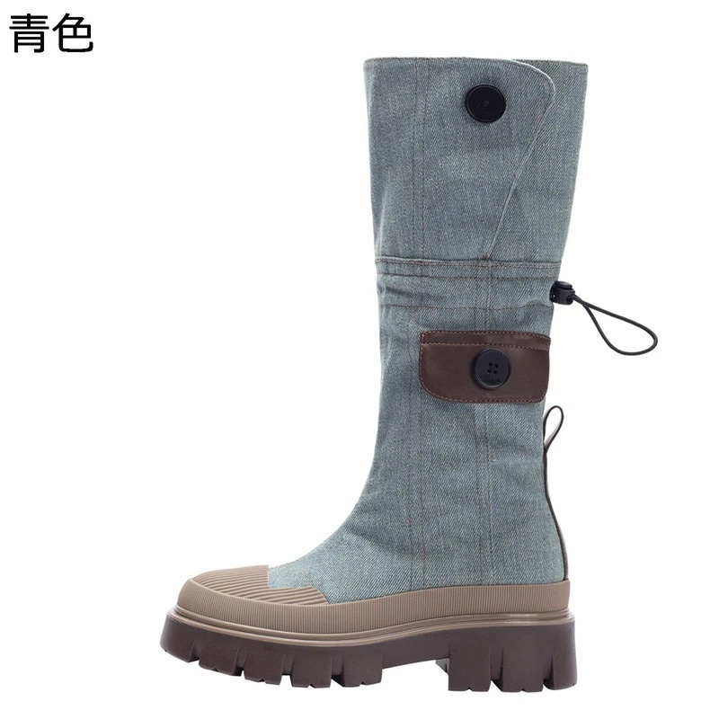 ロングブーツ デ二ム モンクストラップ 弾性バンド レディース ウェスタンブーツ 秋 冬 ラウンドトゥ 粗いかかと ミドルヒール 折りたたみ オフィス シンプル 柔らかい お洒落 オシャレ