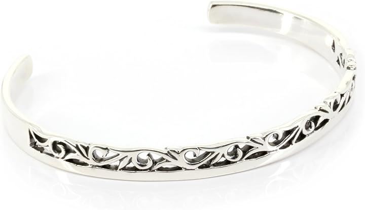 シルバー sv925 バングル シンプル ブレスレット 透かし 彫り アラベスク スクロール オープン カフ メンズ(シルバー)