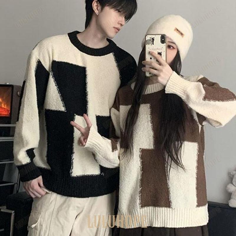 セーター ペアルック メンズ レディース ニット ベージュ ブラック 秋冬 カップル 恋人 親友 友達 姉妹 韓国 可愛い 暖かい トップス 旅行 S M L XL 2XL 3XL