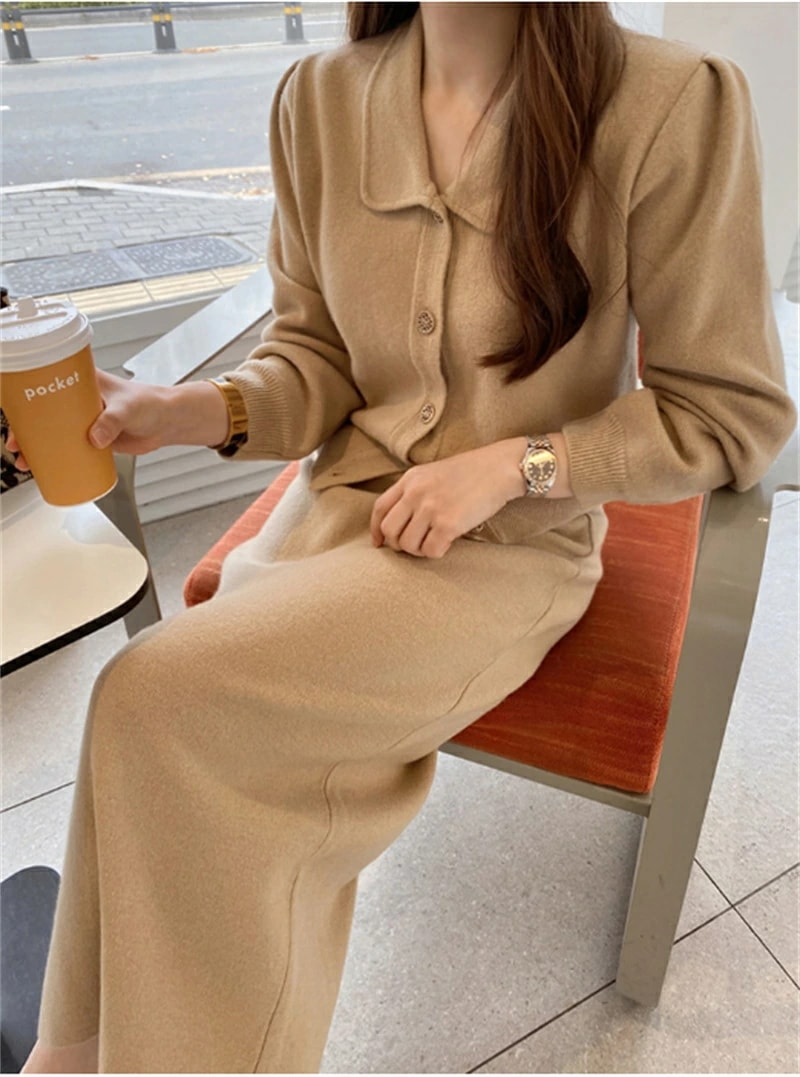 ニットセットアップ　セーター　プルオーバー　ロングスカートセット　ニットカーディガン　トップス　 着痩せ　長袖　レディース 秋 冬　ロング丈　フリンジ　通勤 オフィス　体型カバー