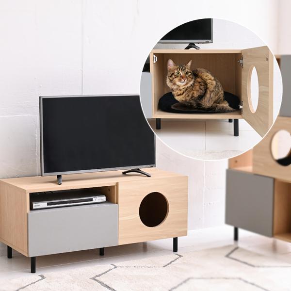 テレビボード TV台 猫 ネコ ローボード テレビ台 収納 おしゃれ インテリア 北欧 オープンラック 収納スペース 扉 引き出し 脚付き カフェ風 ネコカフェ 家具