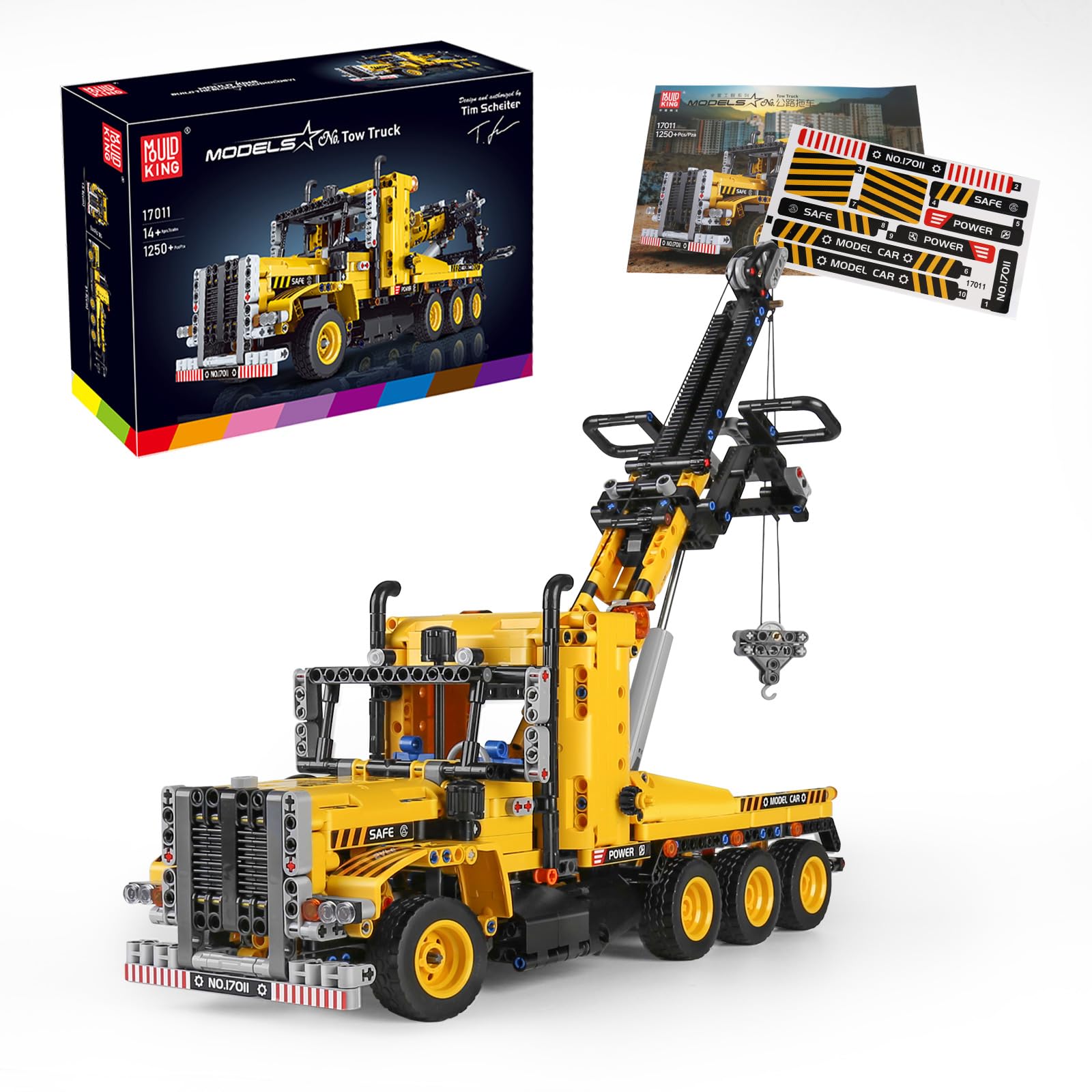 Mould King 17011科学技術トレーラクレーンクランプブロックセット1250ブロック工事シリーズトラックモデルトレーラ組立ブロックセットトレーラブロック工事車ブロックおもちゃ（モーターを