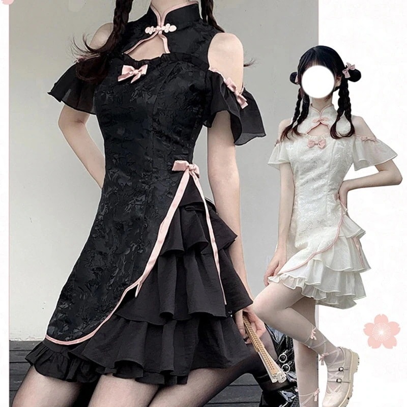 チャイナ風ワンピース ミニ 切り替え 夏 文化祭 半袖 スタンドカラー 中華服 イベント デート 撮影 普段着 ロリータワンピース
