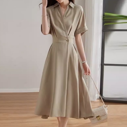 ワンピース フレアワンピース ミモレ丈 袖あり 半袖 Vネック カシュクール 襟付き フレア Aライン ウエストマーク ポケット ウエストゴム 大人可愛い きれいめ 大人 上品 おしゃれ レトロ