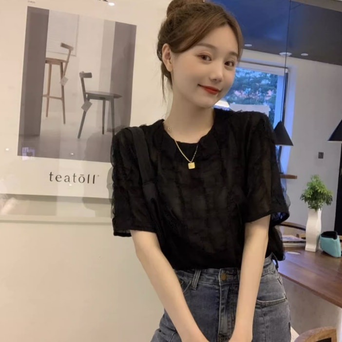 トップス Tシャツ 袖あり 5分袖 五分袖 ラウンドネック 襟なし シフォン 透け感 シースルー かわいい 大人可愛い きれいめ シンプル 大人 上品 おしゃれ お洒落 アジアン エスニック