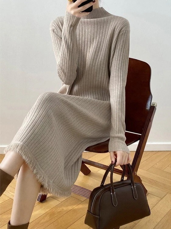 春のワンピース気質ハイネックニットワンピースレトロセーターワンピースロングワンピース秋春長袖ワンピース