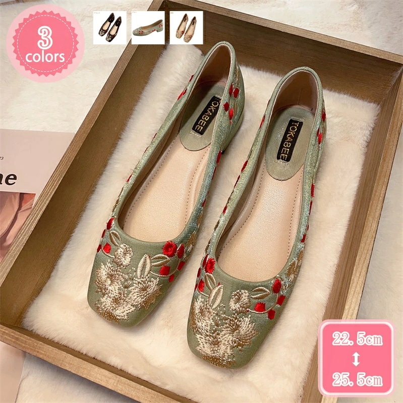 777円OFFクーポン ぺたんこ靴 ローヒール パンプス レディース スクエアトゥ 太ヒール パンプス cmヒール 可愛い 甲浅 美脚 刺繍 エスニック 婦人靴 バレエシューズ カジュアル 結婚式 旅